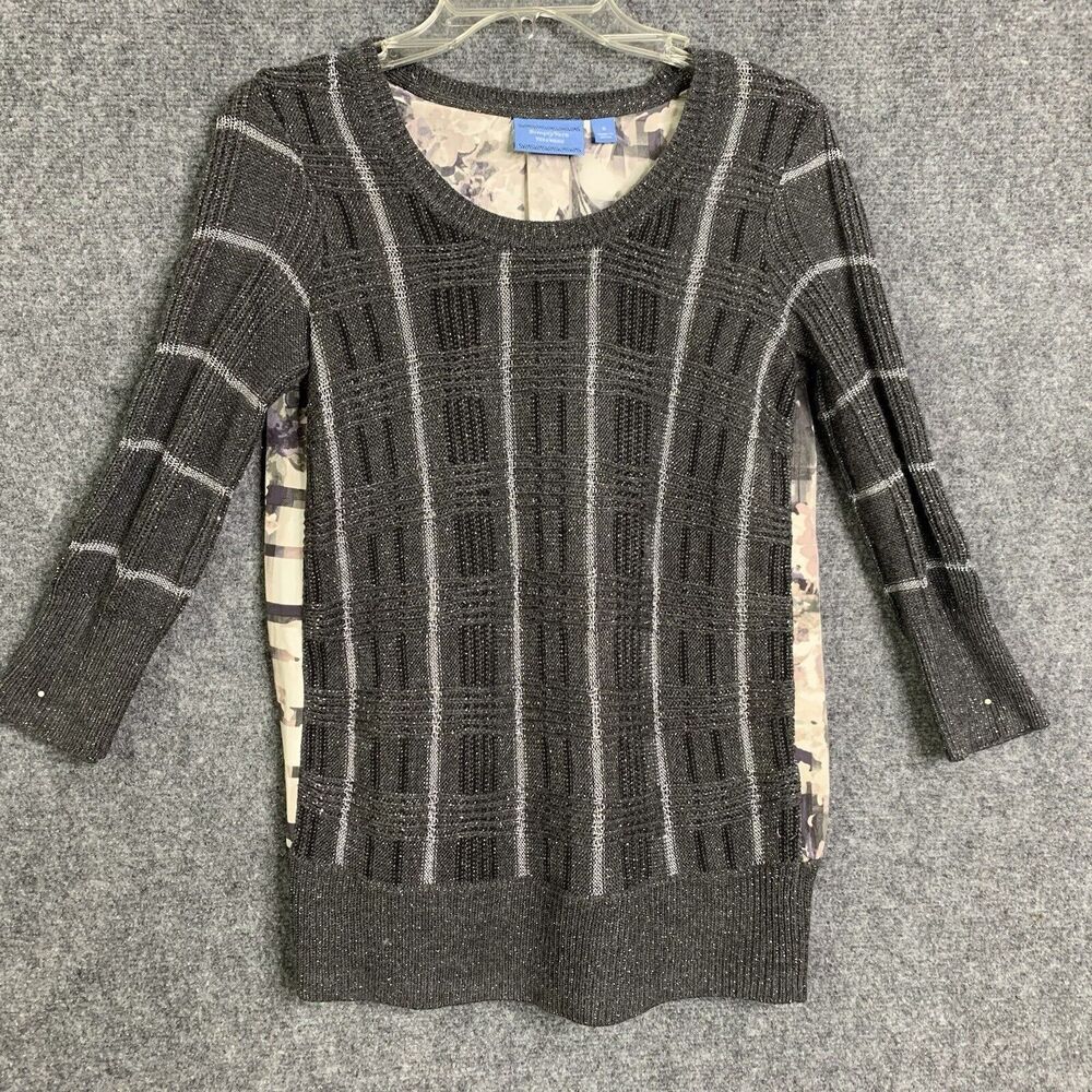 Simply Vera Wang Sweater Top Women Size XS Knit Front Silky Back Gray White